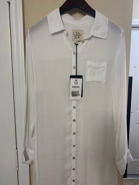 Chaser White Long Sleeve Button-Front Tunic Dress